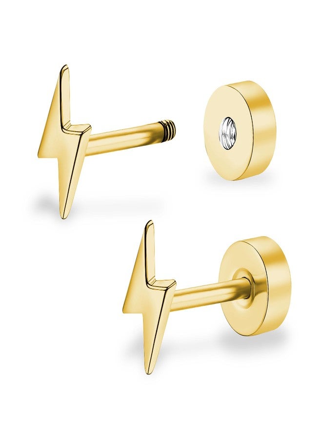 ZDE Titanium Women Flatback Earrings Celestial Lightning Bolt Stud Earrings 5mm Flat Back CZ Earrings Hypoallergenic Cartilage Flatback Earring Tragus Helix Tragus Conch Piercing (Gold) - Image 1